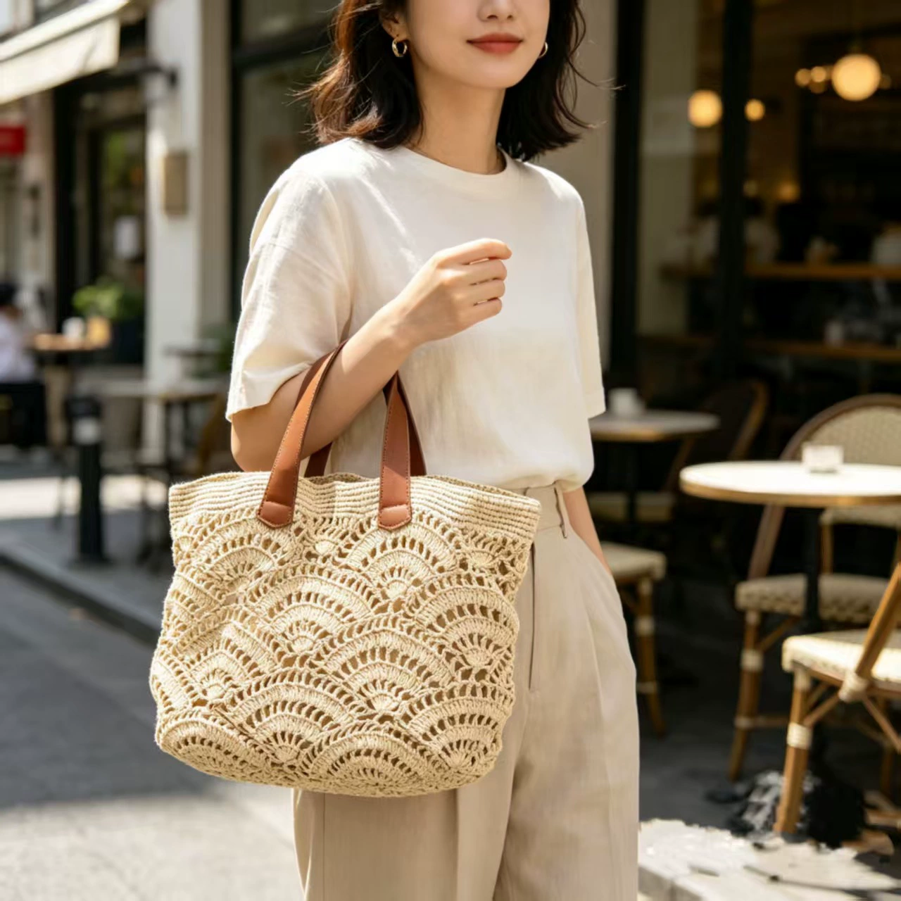 Bohemian Dream: Wavy Openwork Straw Tote Bag with Brown Leather Handles
