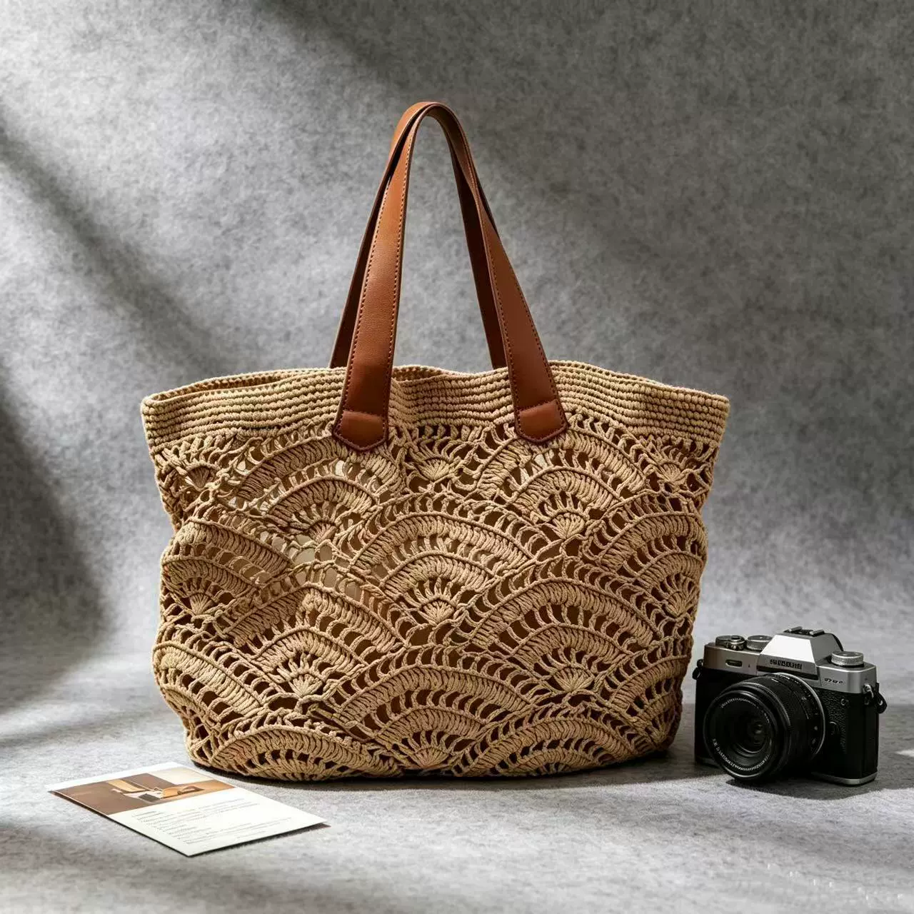 Bohemian Dream: Wavy Openwork Straw Tote Bag with Brown Leather Handles