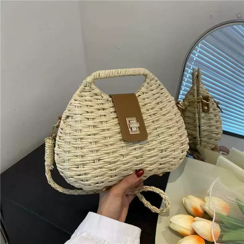 Chic Half-Moon Woven Straw Crossbody Bag with Leather Flap