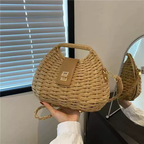 Chic Half-Moon Woven Straw Crossbody Bag with Leather Flap