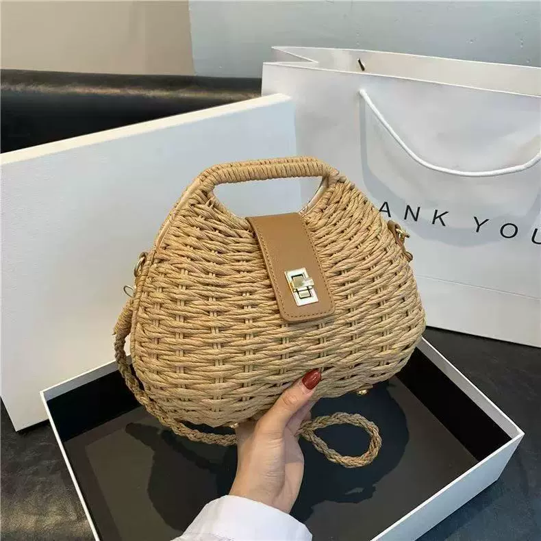 Chic Half-Moon Woven Straw Crossbody Bag with Leather Flap