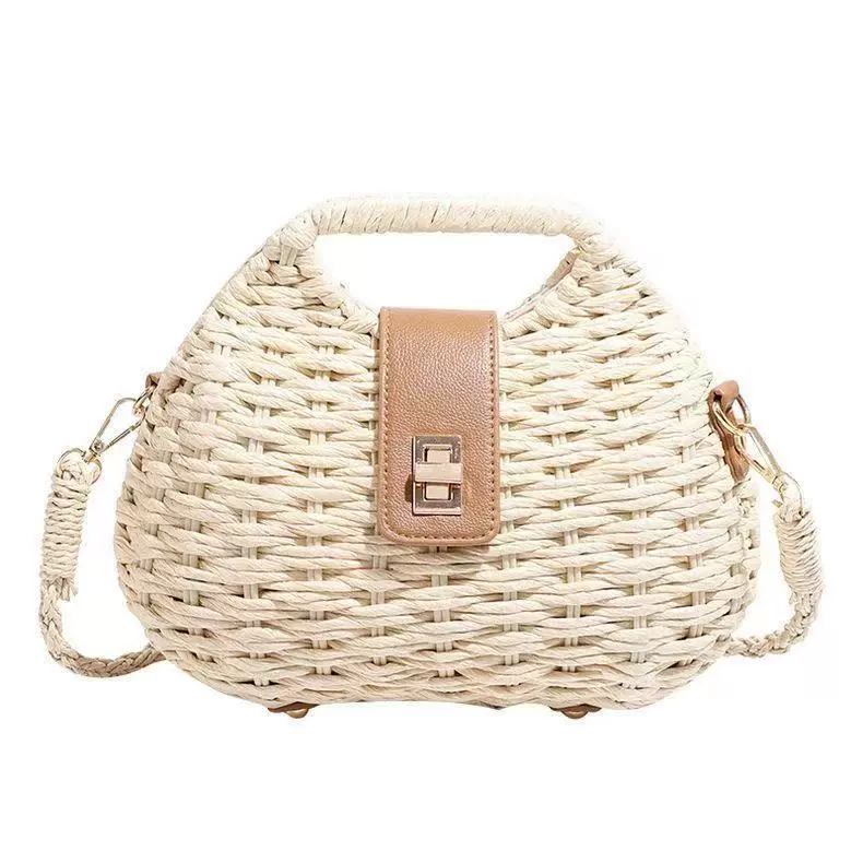 Chic Half-Moon Woven Straw Crossbody Bag with Leather Flap