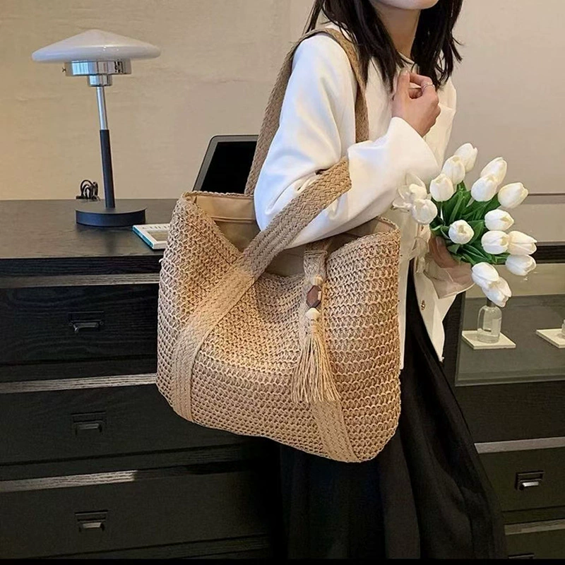 Large Woven Straw Tote Bag | Versatile Summer Shoulder Bag for Women