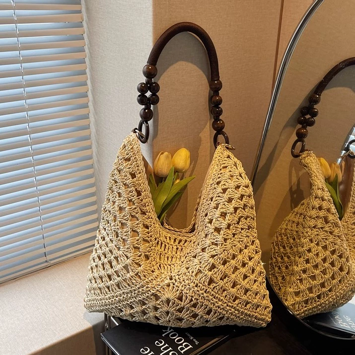 Heritage Woven Straw Hobo Bag with Wooden Bead Handle
