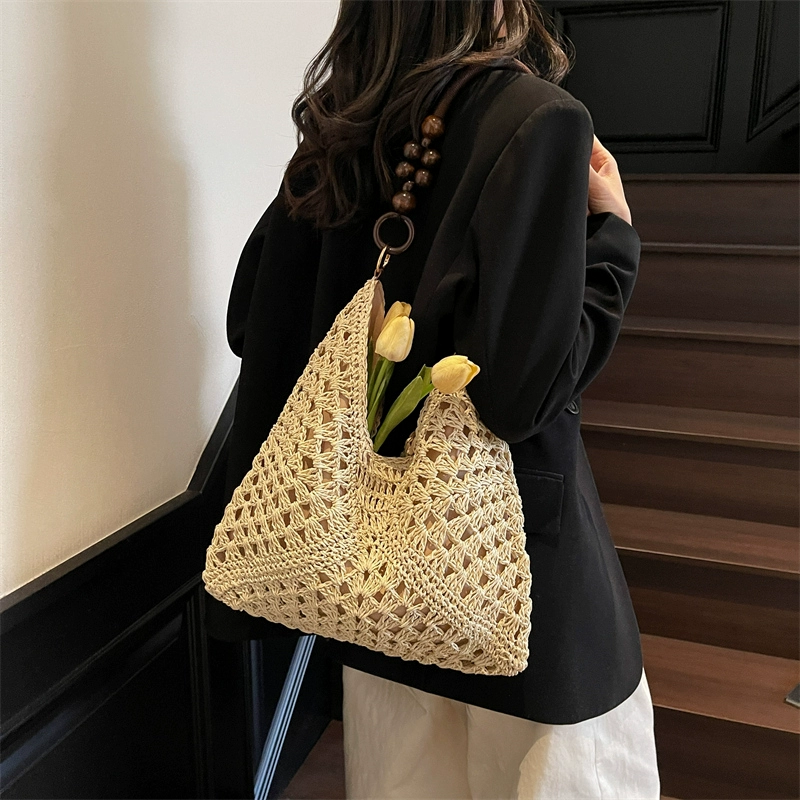 Heritage Woven Straw Hobo Bag with Wooden Bead Handle