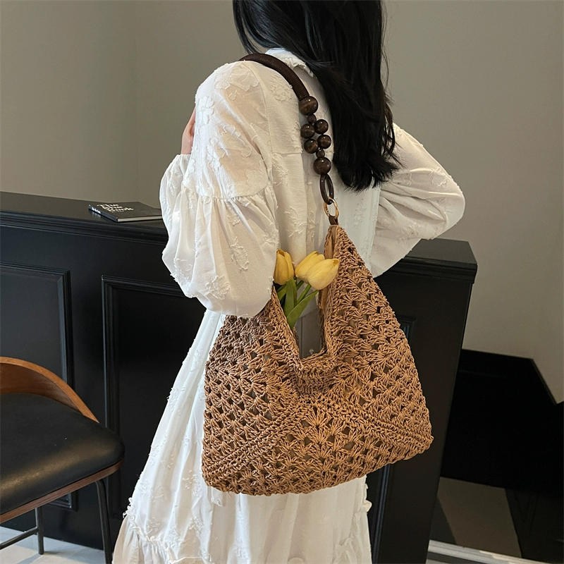 Heritage Woven Straw Hobo Bag with Wooden Bead Handle