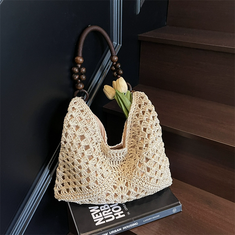 Heritage Woven Straw Hobo Bag with Wooden Bead Handle