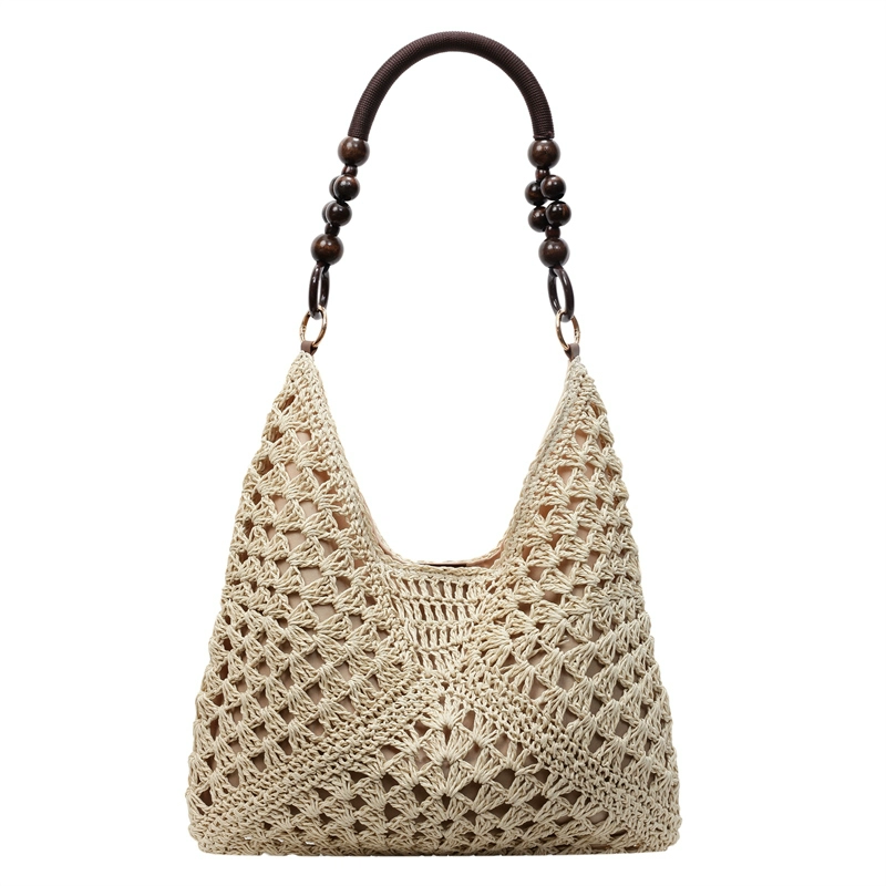 Heritage Woven Straw Hobo Bag with Wooden Bead Handle