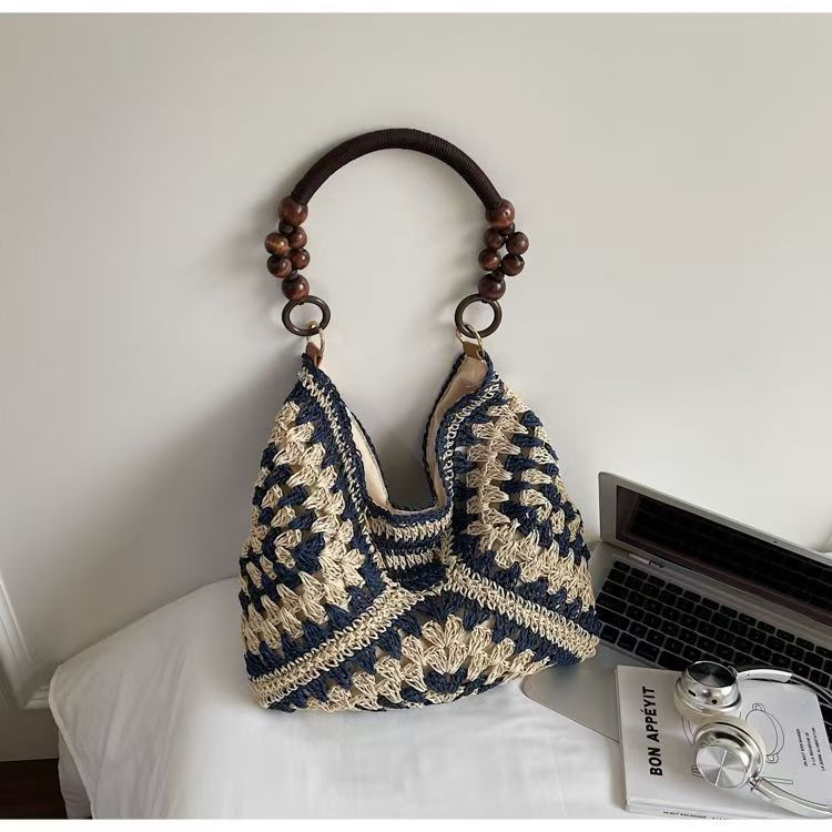 Heritage Woven Straw Hobo Bag with Wooden Bead Handle