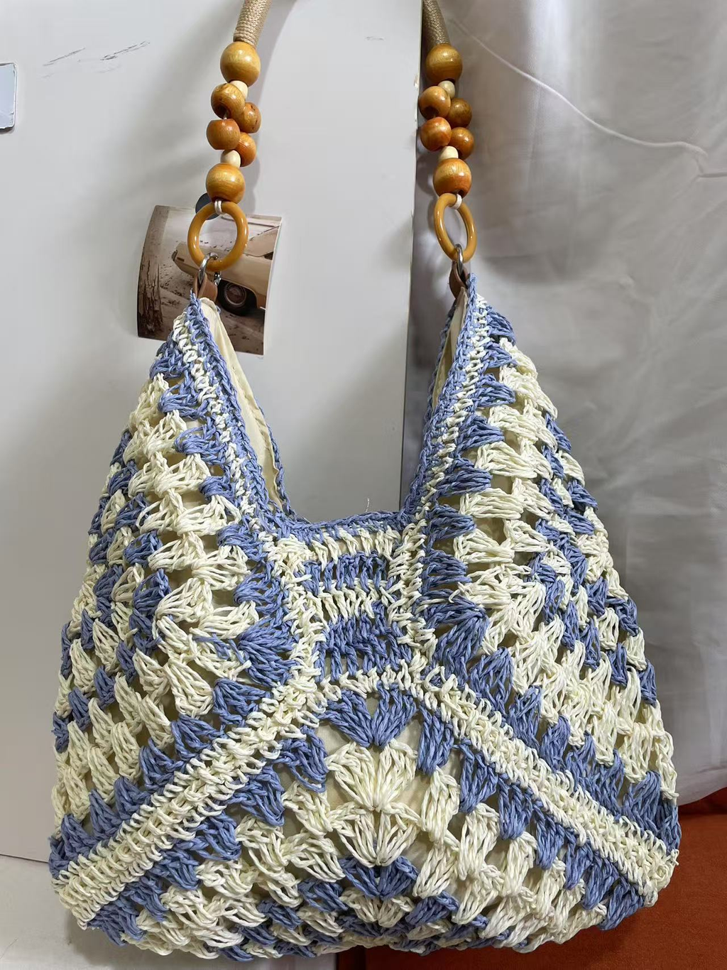 Heritage Woven Straw Hobo Bag with Wooden Bead Handle