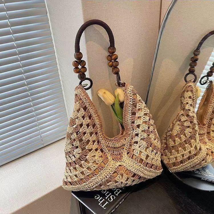 Heritage Woven Straw Hobo Bag with Wooden Bead Handle
