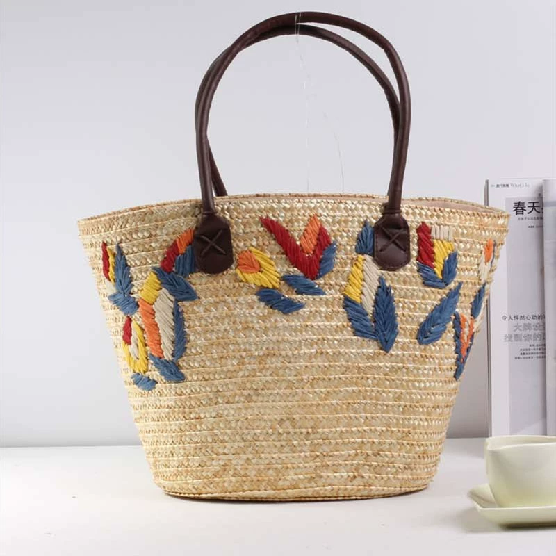 Artisanstraw Embroidered Wheat Straw Tote Bag | Structured Boho Shoulder Purse