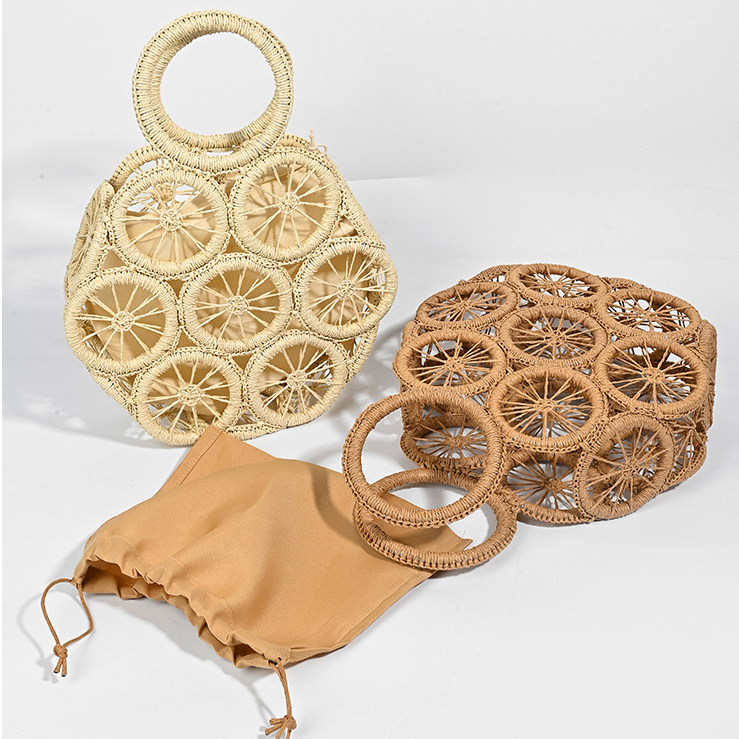 Boho Woven Circle Bag with Drawstring Pouch | Summer Top-Handle Purse