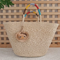 Summer Handwoven Beach Tote | Color-Block Strap Straw Handbag