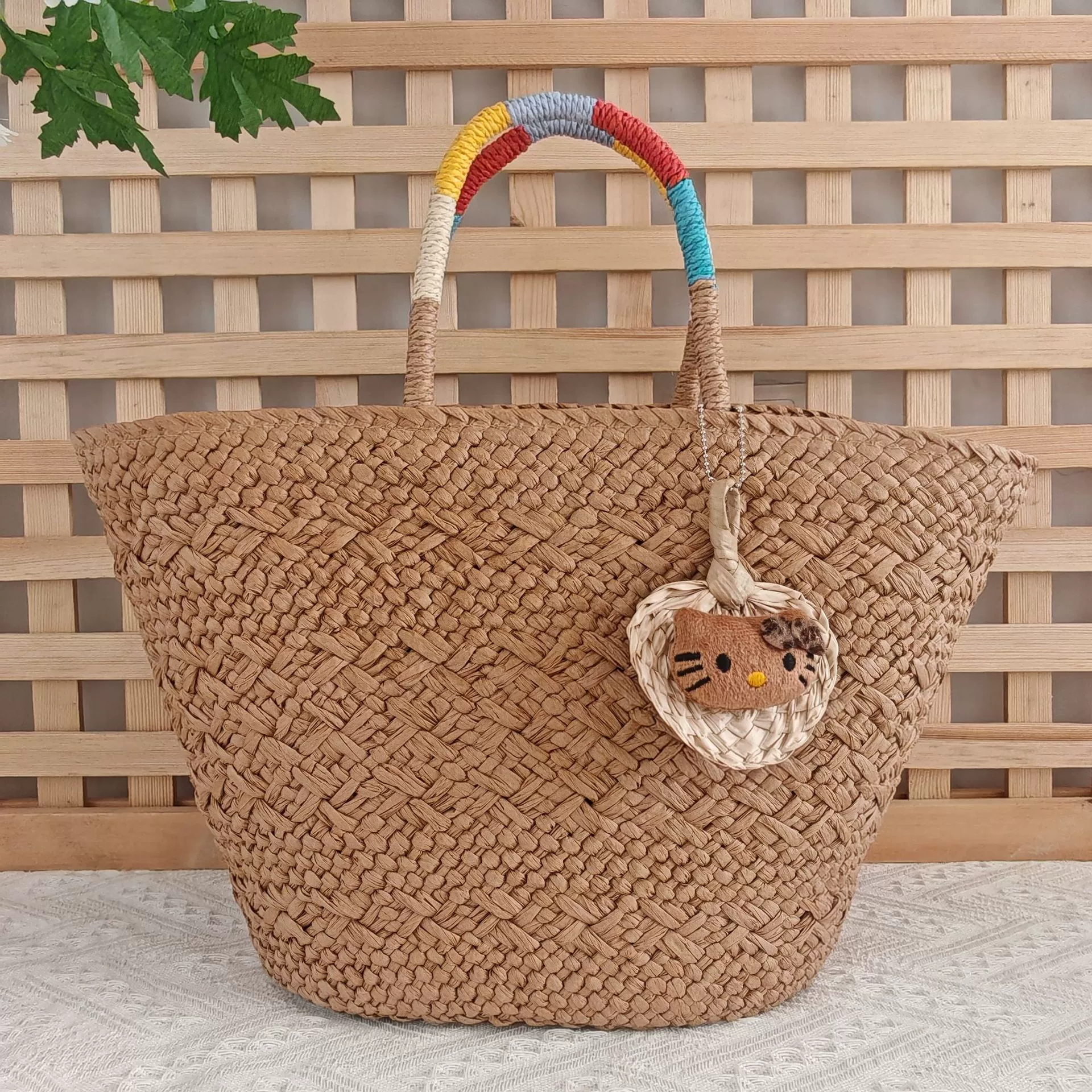 Summer Handwoven Beach Tote | Color-Block Strap Straw Handbag
