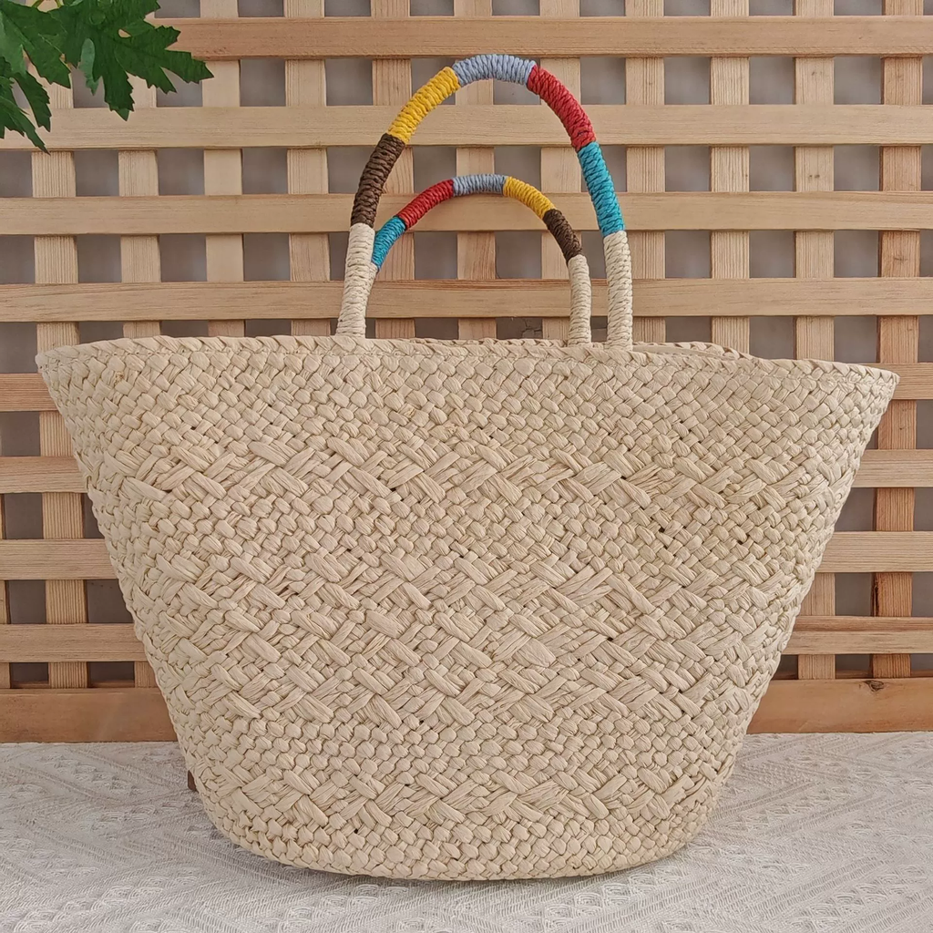 Summer Handwoven Beach Tote | Color-Block Strap Straw Handbag