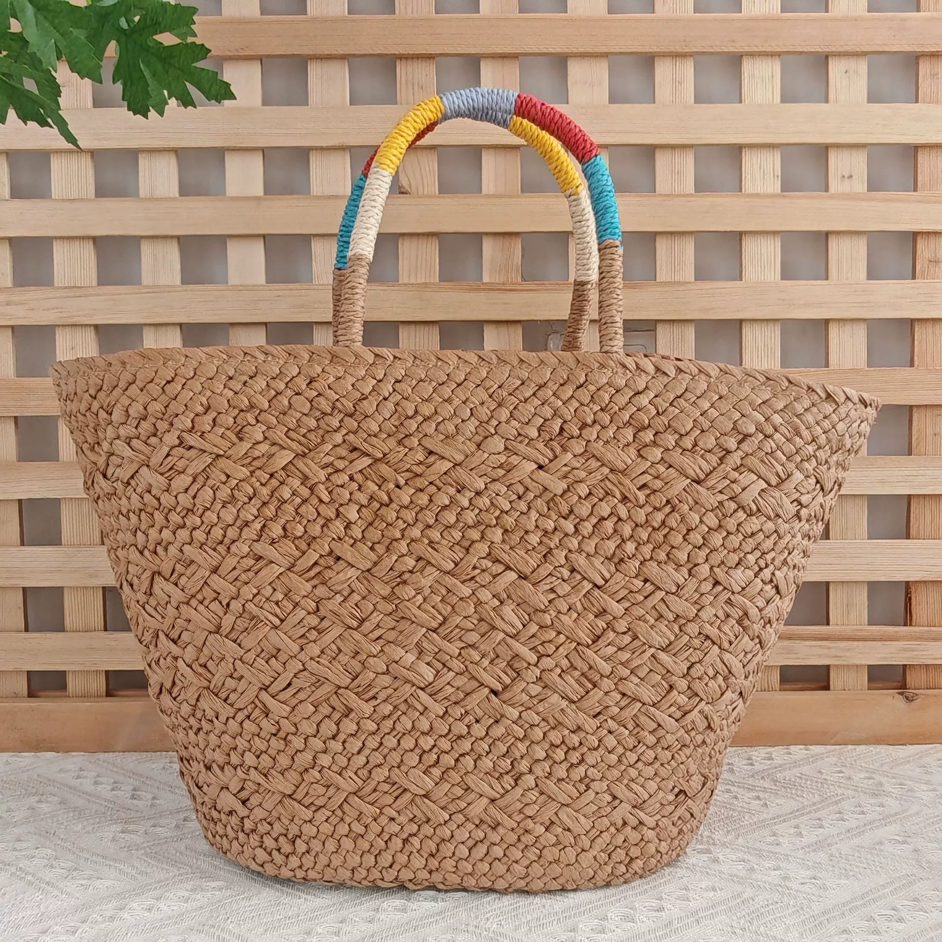 Summer Handwoven Beach Tote | Color-Block Strap Straw Handbag