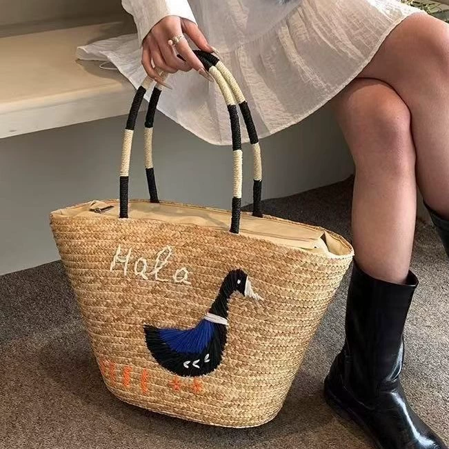 Artisanstraw Embroidered Duck Straw Tote Bag | Large Woven Summer Beach Handbag with Zipper