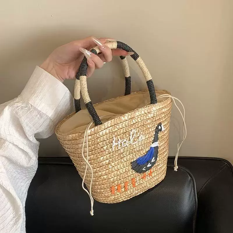 Artisanstraw Embroidered Duck Straw Tote Bag | Large Woven Summer Beach Handbag with Zipper