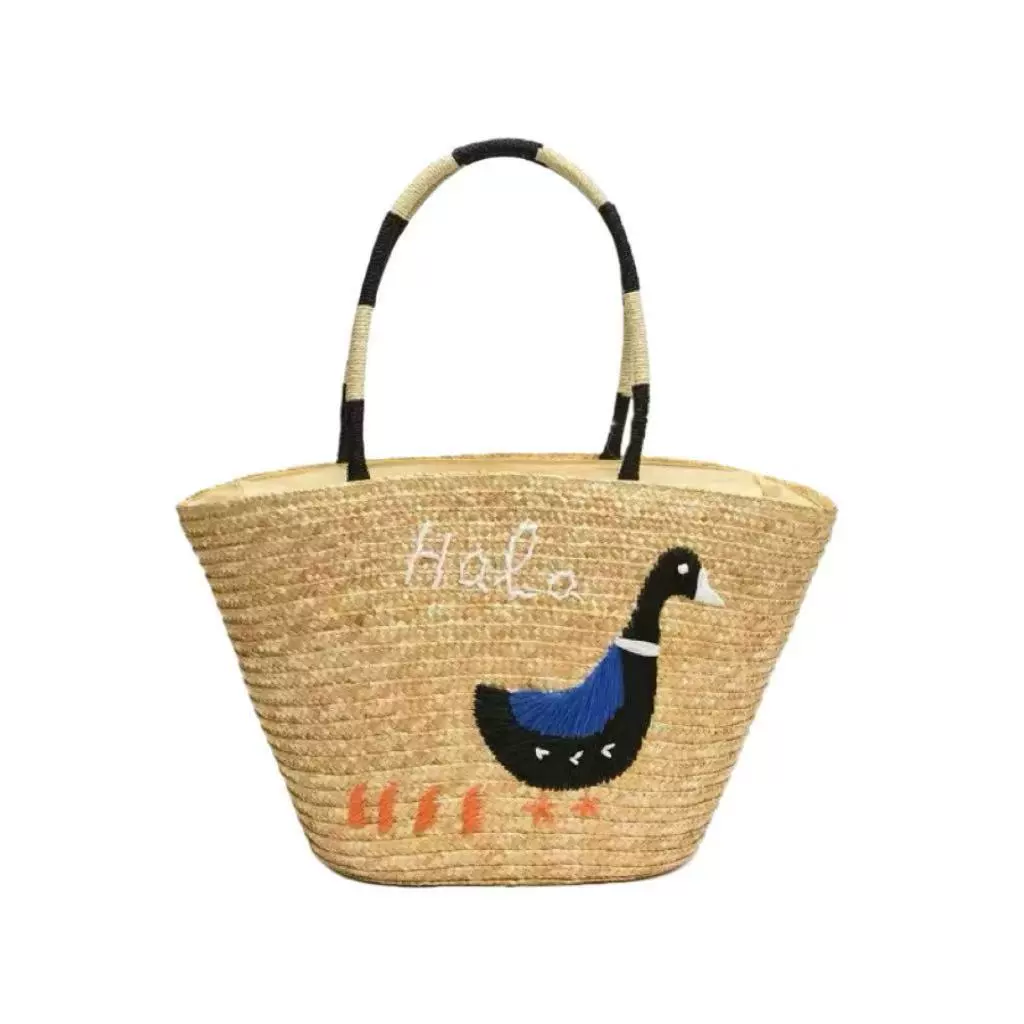 Artisanstraw Embroidered Duck Straw Tote Bag | Large Woven Summer Beach Handbag with Zipper