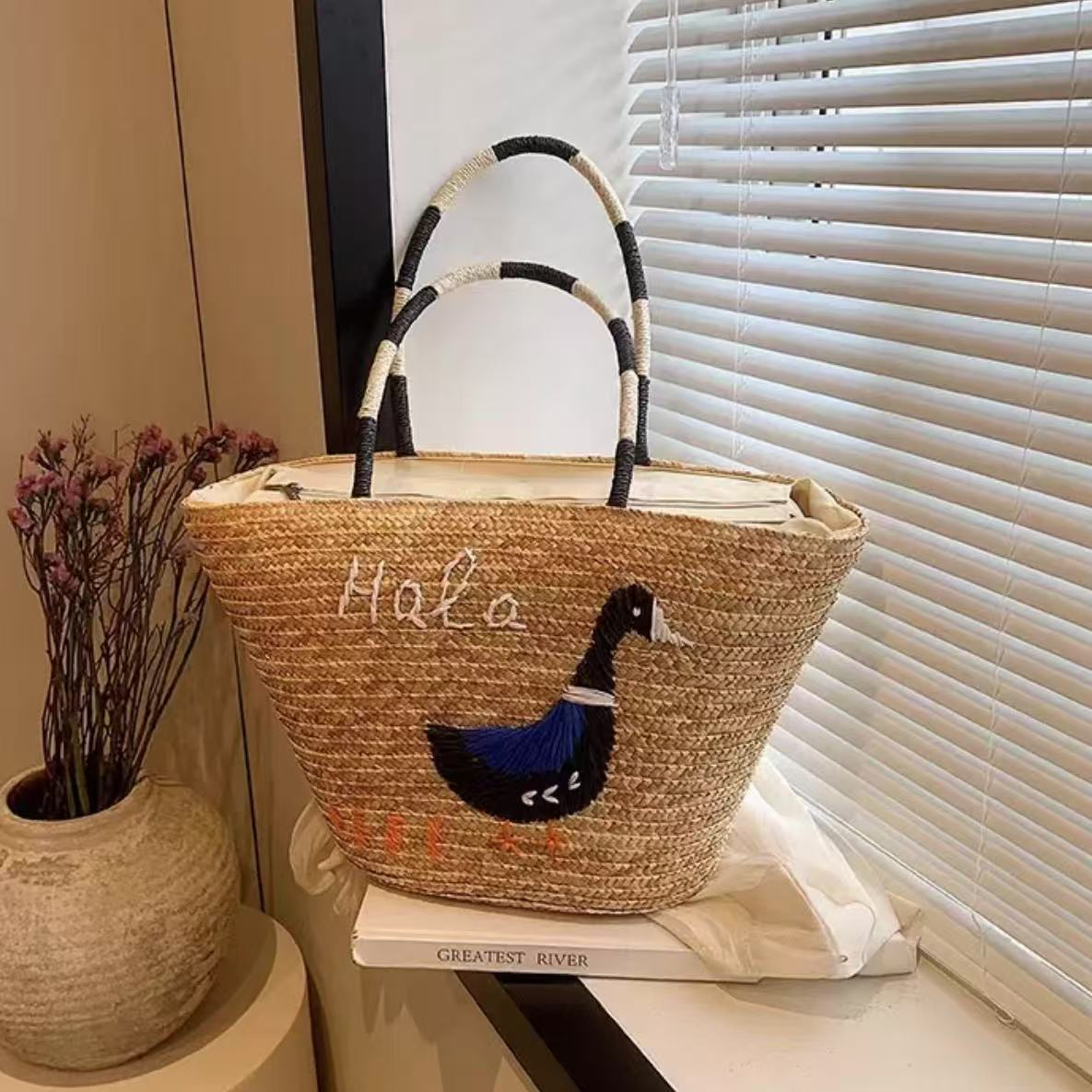 Artisanstraw Embroidered Duck Straw Tote Bag | Large Woven Summer Beach Handbag with Zipper