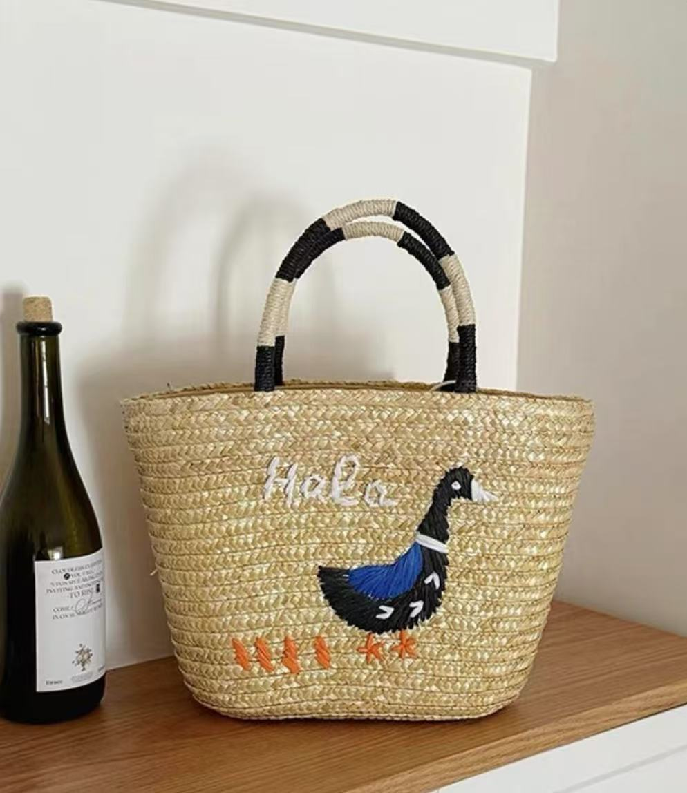 Artisanstraw Embroidered Duck Straw Tote Bag | Large Woven Summer Beach Handbag with Zipper