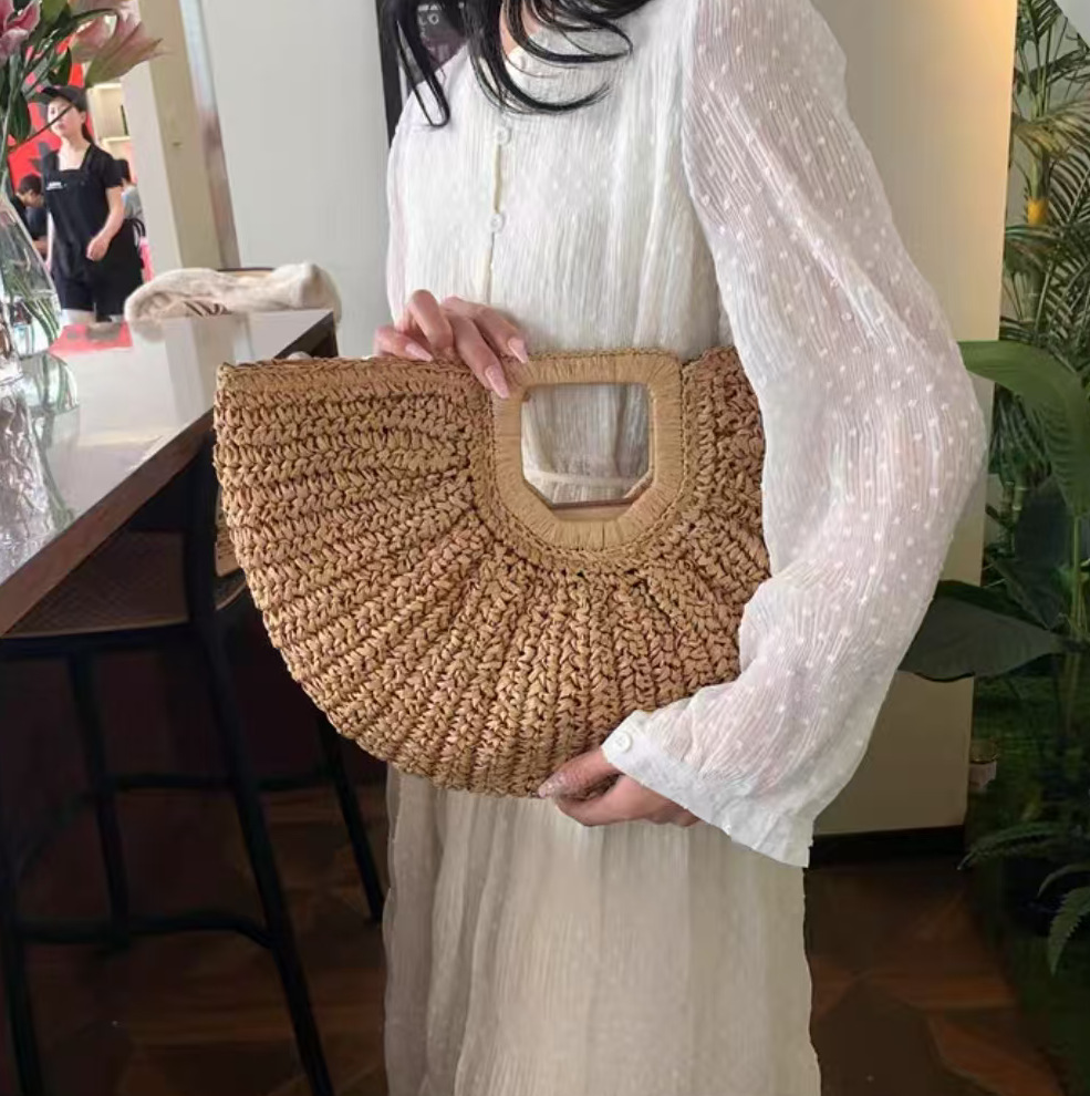 Large Woven Bohemian Handbag with Cutout Handle | Summer Beach Straw Tote