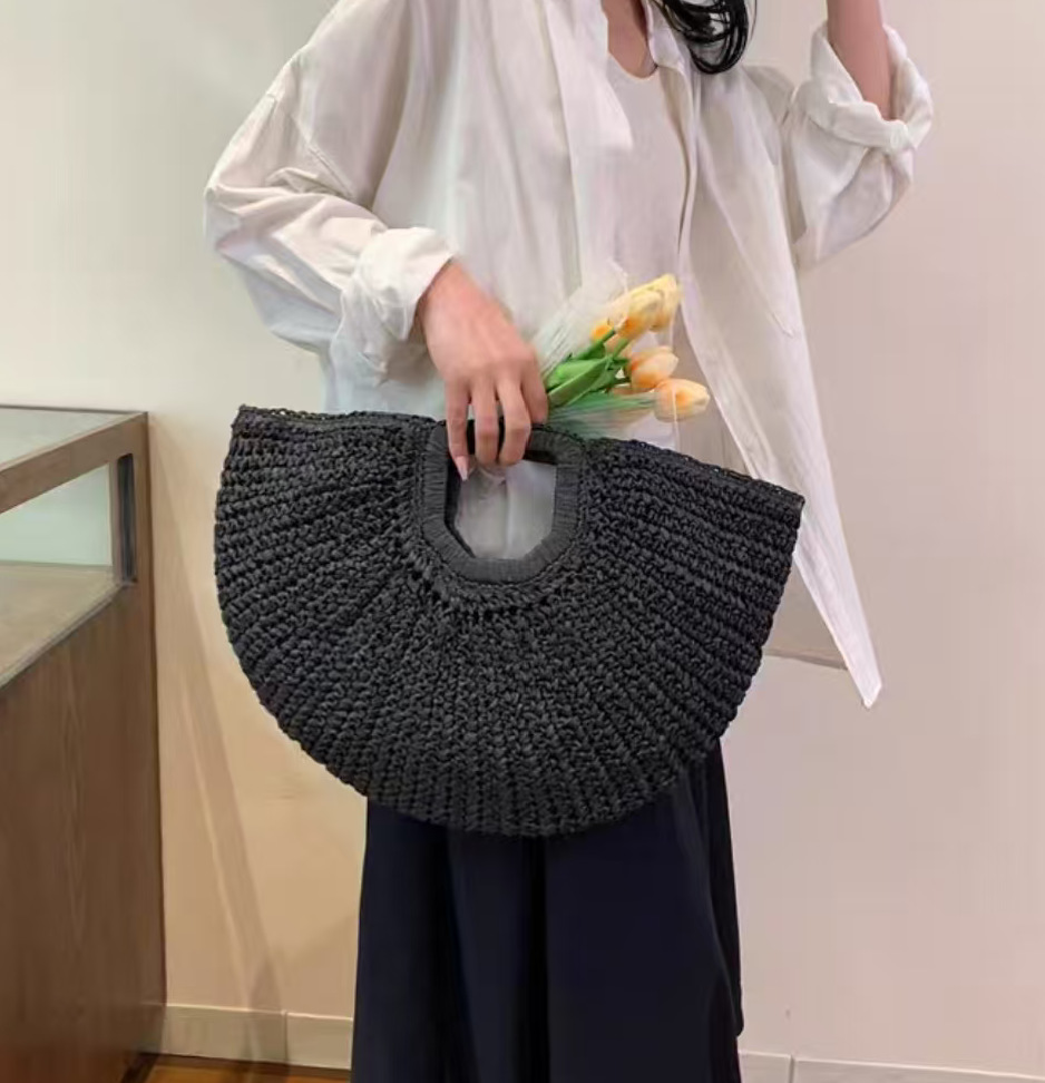 Large Woven Bohemian Handbag with Cutout Handle | Summer Beach Straw Tote