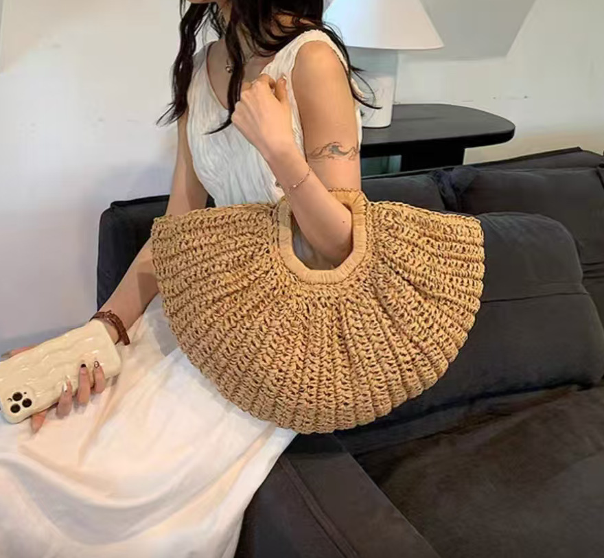 Large Woven Bohemian Handbag with Cutout Handle | Summer Beach Straw Tote