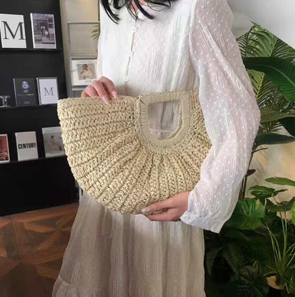 Large Woven Bohemian Handbag with Cutout Handle | Summer Beach Straw Tote