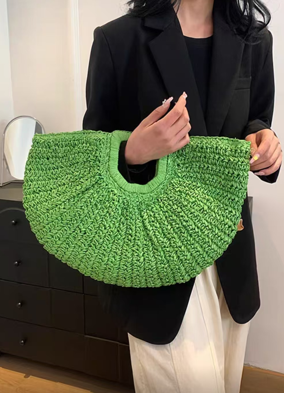 Large Woven Bohemian Handbag with Cutout Handle | Summer Beach Straw Tote