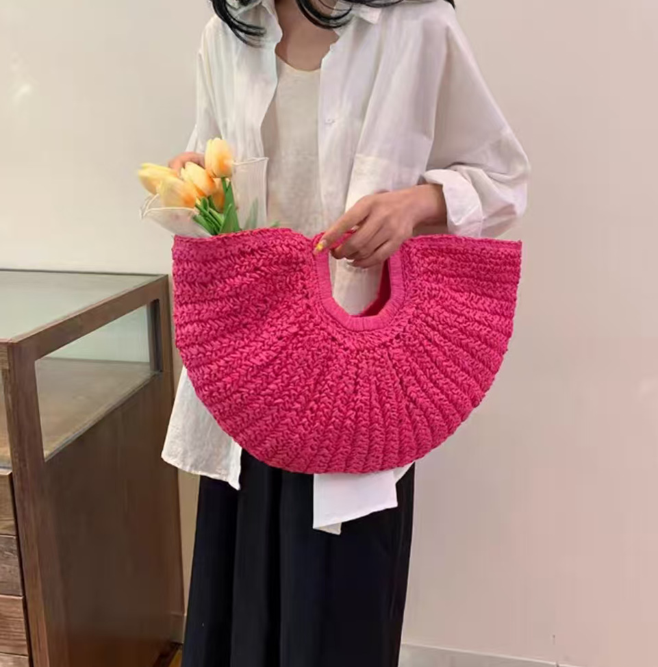 Large Woven Bohemian Handbag with Cutout Handle | Summer Beach Straw Tote