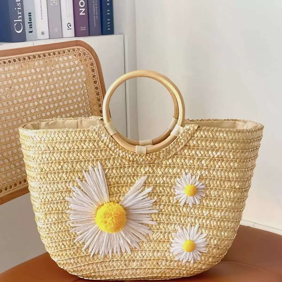 Boho Daisy Woven Straw Tote Bag | Summer Beach Handbag with Wooden Handles