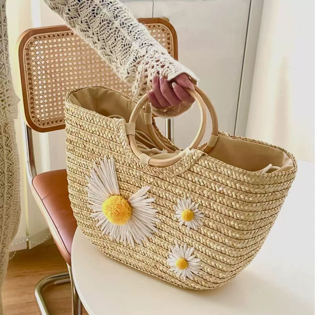 Boho Daisy Woven Straw Tote Bag | Summer Beach Handbag with Wooden Handles