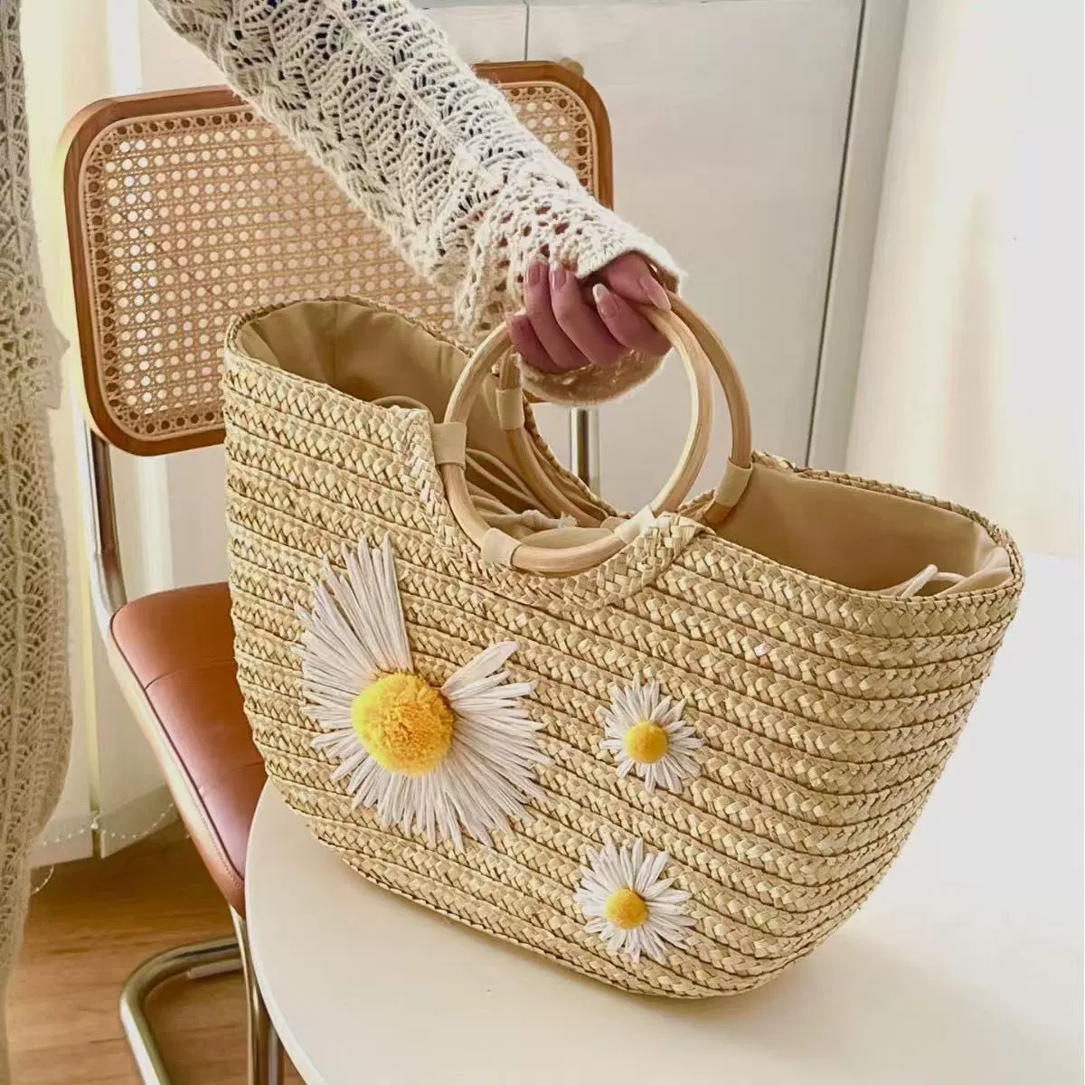 Boho Daisy Woven Straw Tote Bag | Summer Beach Handbag with Wooden Handles