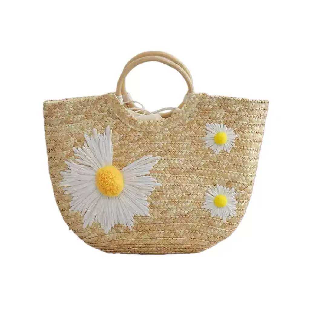 Boho Daisy Woven Straw Tote Bag | Summer Beach Handbag with Wooden Handles