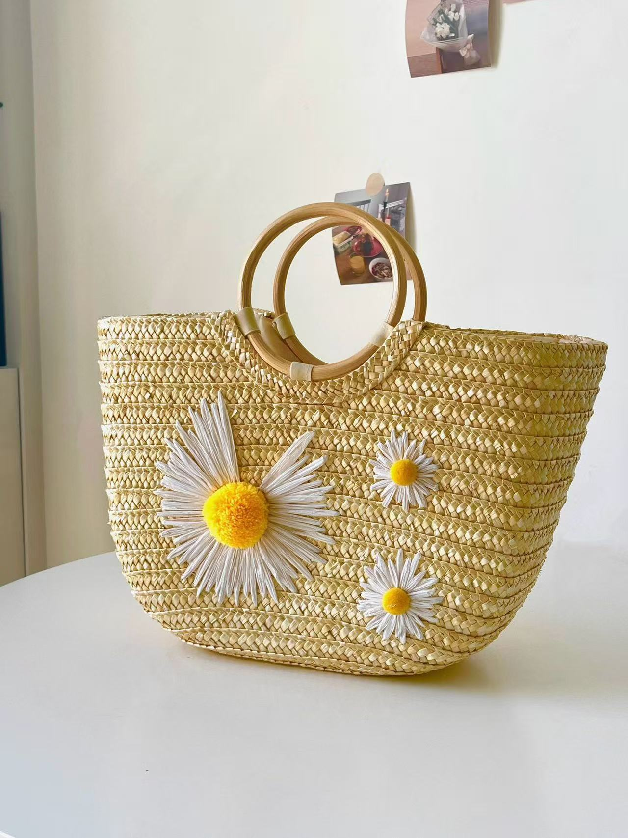 Boho Daisy Woven Straw Tote Bag | Summer Beach Handbag with Wooden Handles