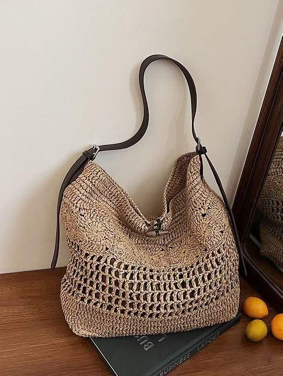 Large Woven Straw Hobo Bag | Boho Crochet Summer Shoulder Tote