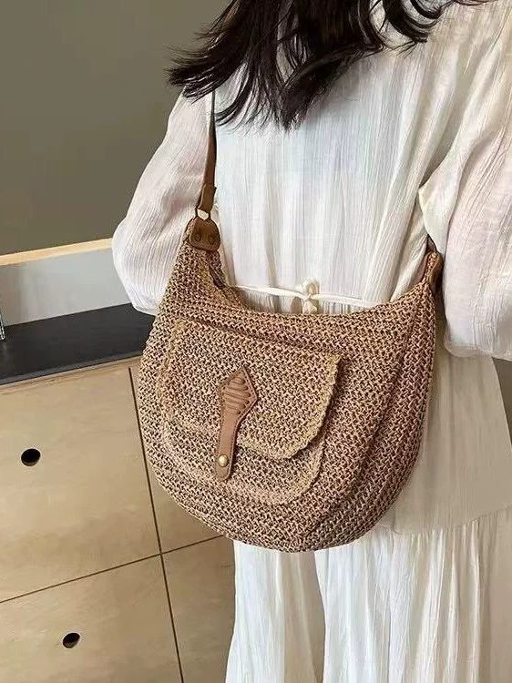 Woven Crescent Crossbody Bag | Summer Straw Hobo Purse with Front Pocket
