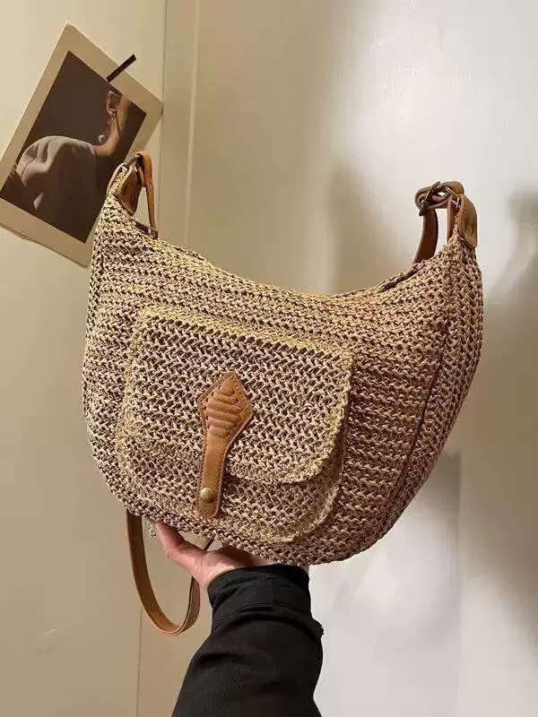 Woven Crescent Crossbody Bag | Summer Straw Hobo Purse with Front Pocket