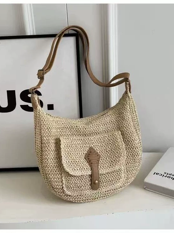 Woven Crescent Crossbody Bag | Summer Straw Hobo Purse with Front Pocket
