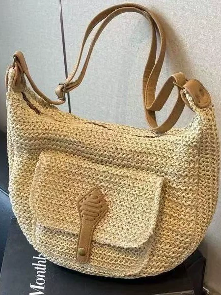 Woven Crescent Crossbody Bag | Summer Straw Hobo Purse with Front Pocket