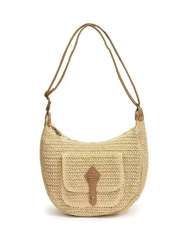 Woven Crescent Crossbody Bag | Summer Straw Hobo Purse with Front Pocket