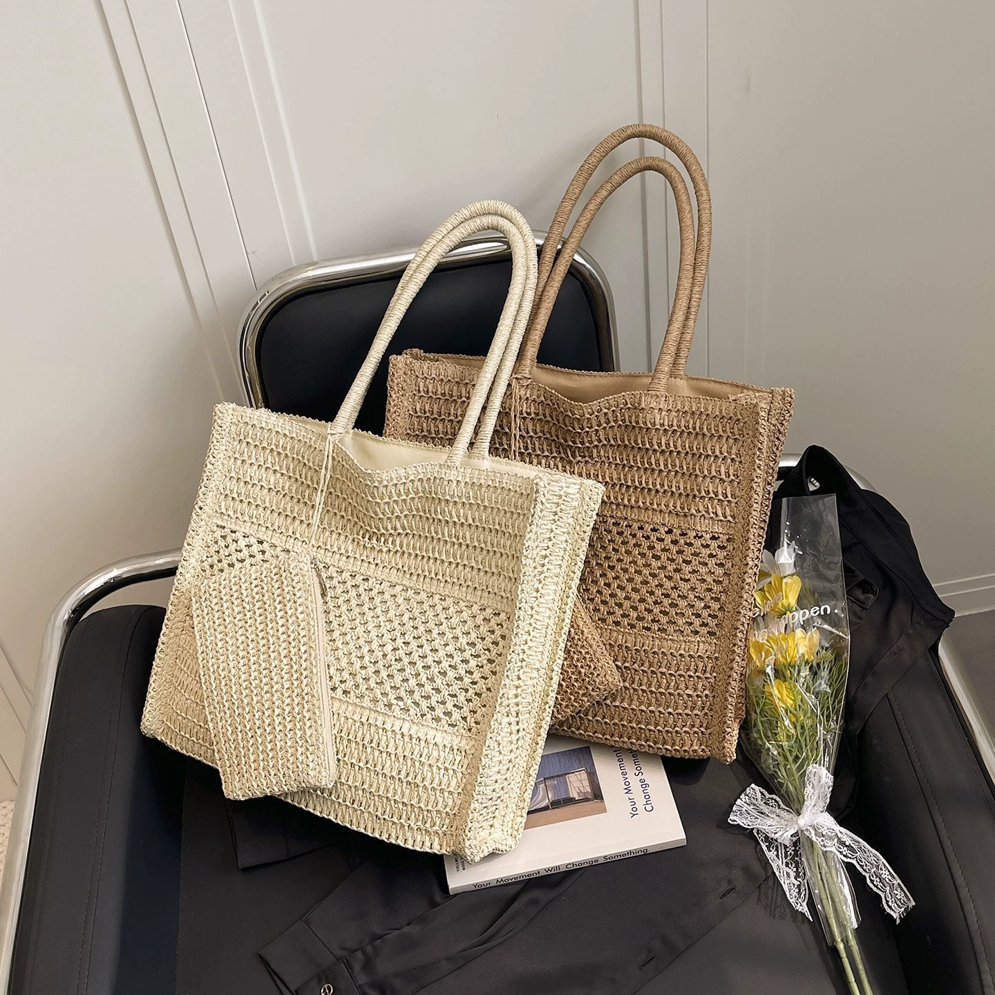 The Coastal Crochet Tote Set | Casual Summer Woven Shoulder Bag