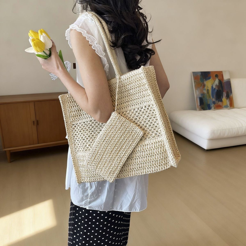 The Coastal Crochet Tote Set | Casual Summer Woven Shoulder Bag