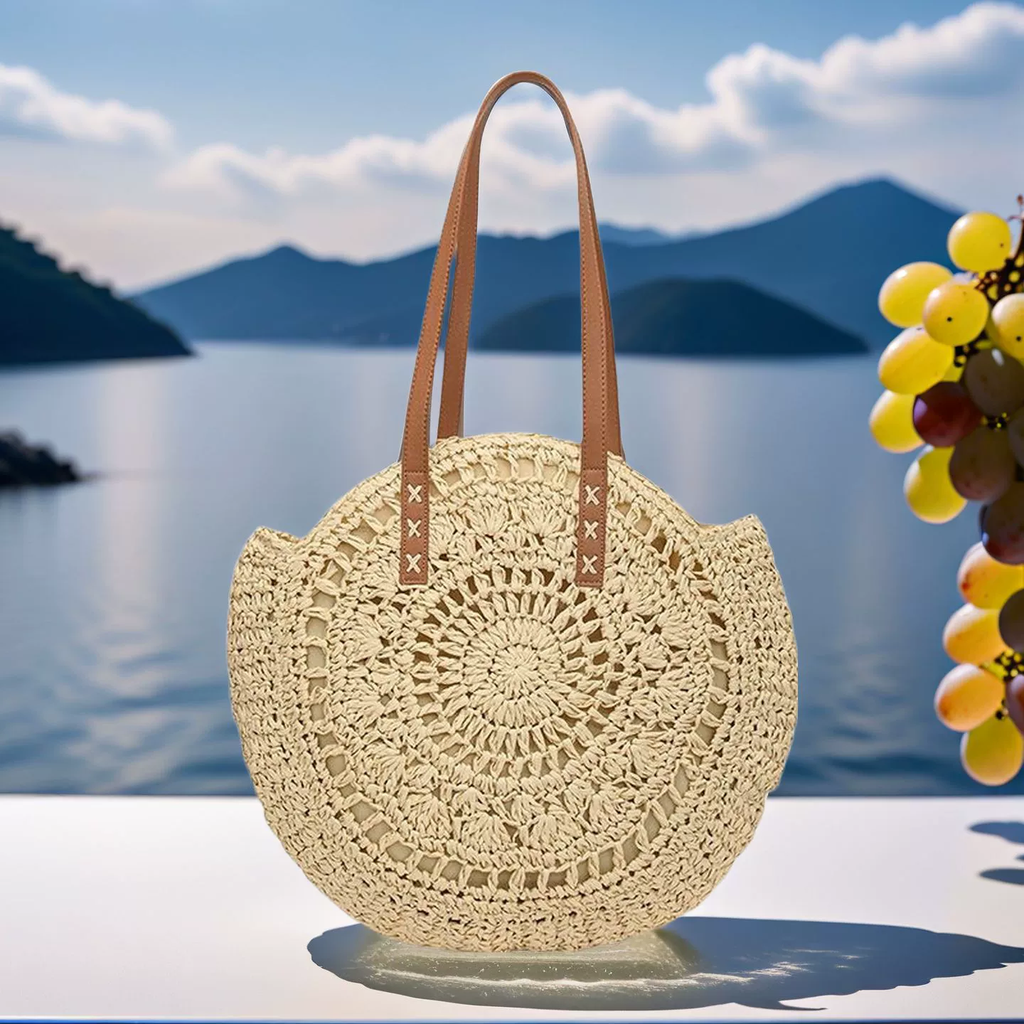 Large Round Woven Straw Tote Bag | Boho Summer Beach Shoulder Purse