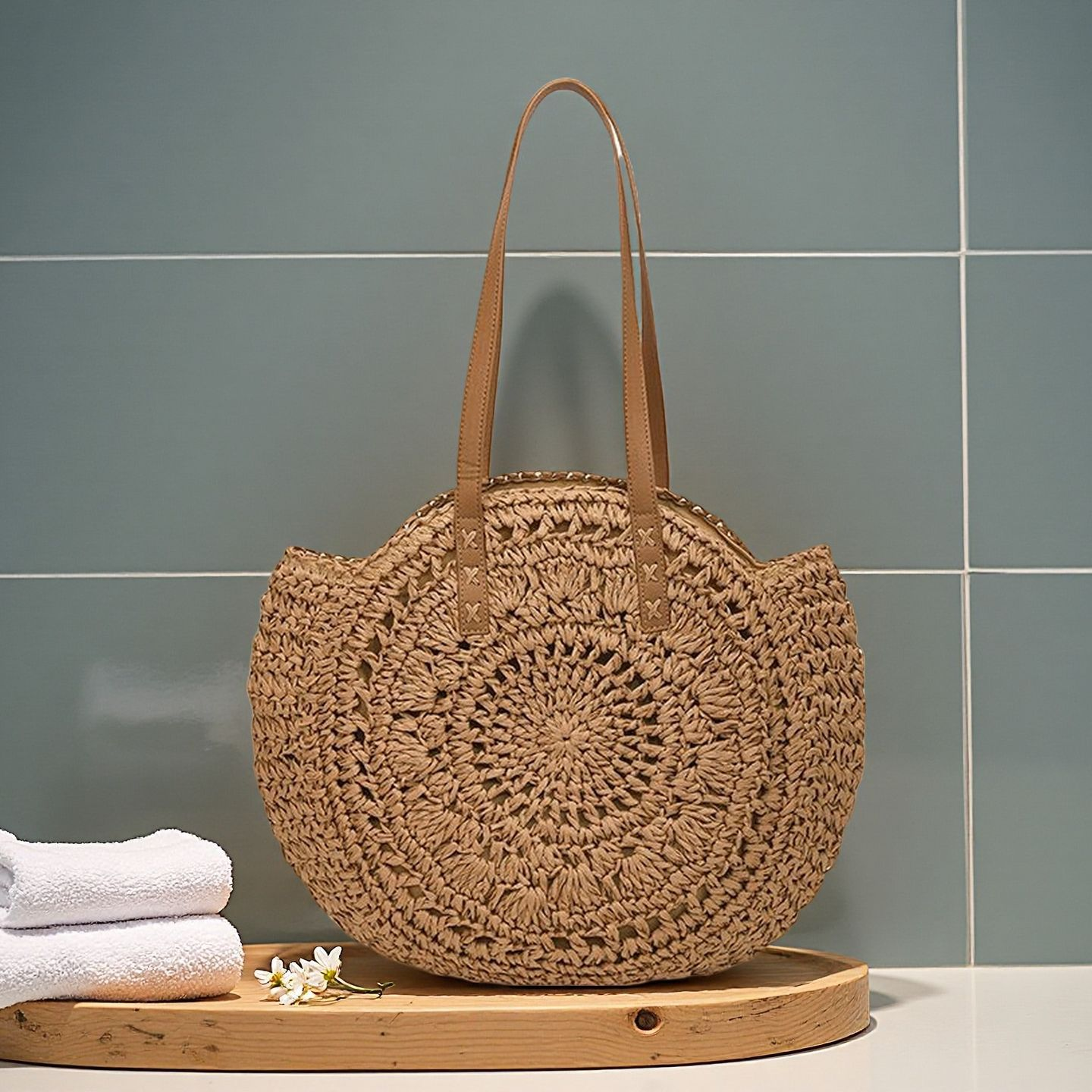 Large Round Woven Straw Tote Bag | Boho Summer Beach Shoulder Purse