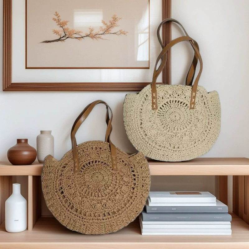Large Round Woven Straw Tote Bag | Boho Summer Beach Shoulder Purse
