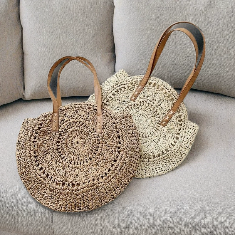 Large Round Woven Straw Tote Bag | Boho Summer Beach Shoulder Purse
