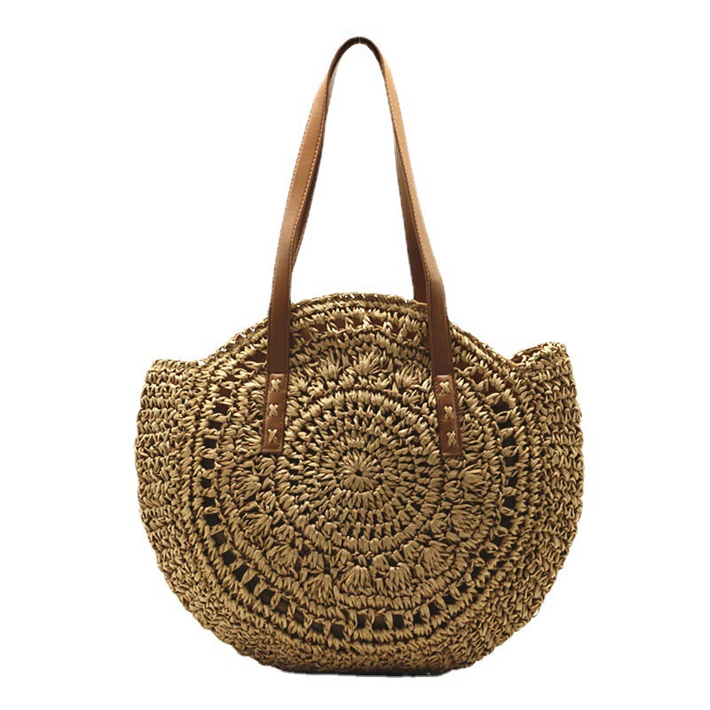 Large Round Woven Straw Tote Bag | Boho Summer Beach Shoulder Purse